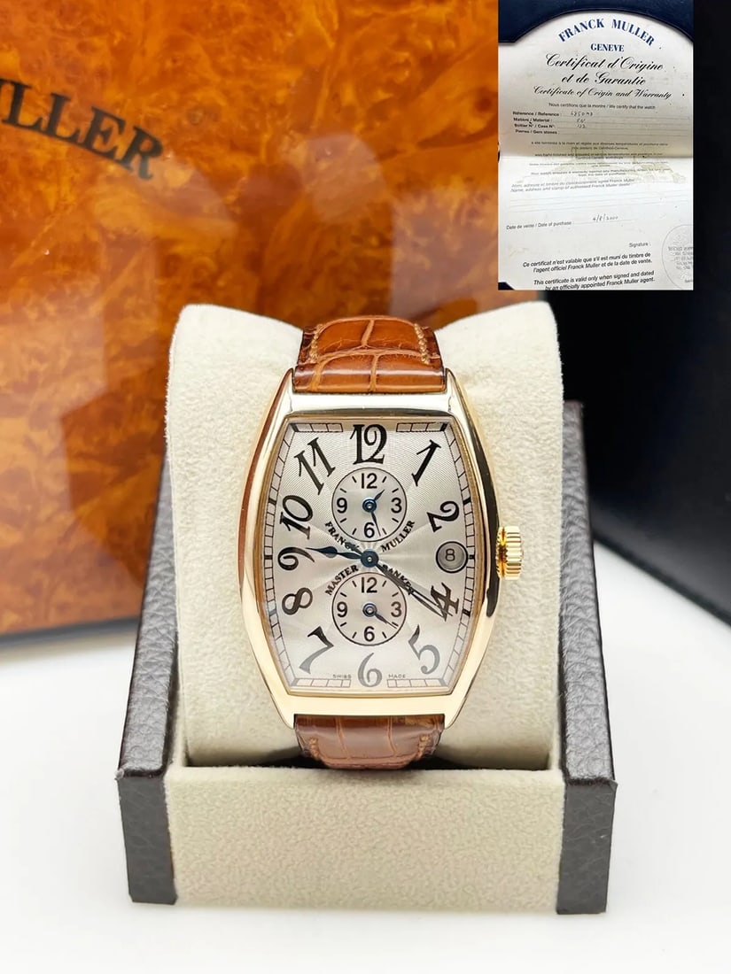 Franck Muller 6850 MB Master Banker 18K Rose Gold Leather Strap Box Paper: Condition: Pre-owned,With Manual/Booklet: Yes,Model: Franck Muller Master Banker,Watch Shape: Tonneau/Barrel,Department: Men,Style: Casual, Classic, Dress/Formal, Luxury, Sport,Case Color: Rose Gold,Y