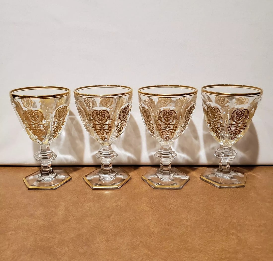 Set Of 4 Baccarat Crystal Harcourt Empire Gold Design & Trim Water Goblets (1 of 16)