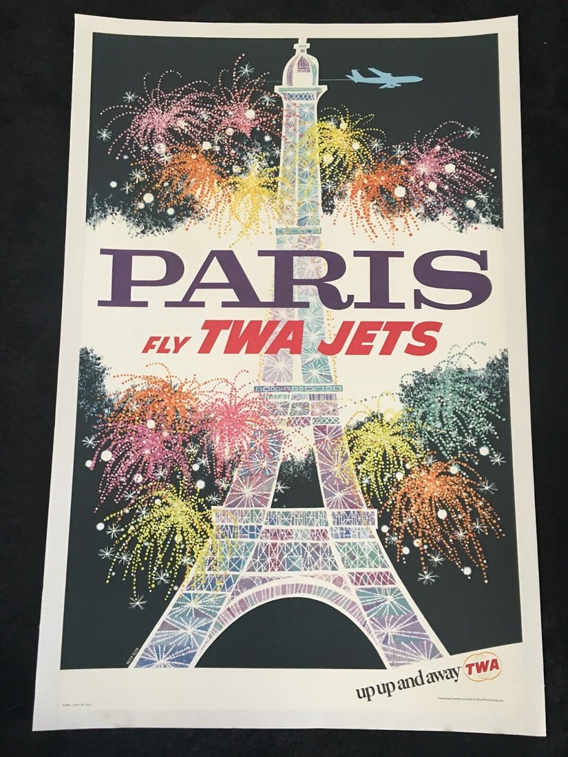 PARIS - FLY TWA JETS- Orig. 1968 DAVID KLEIN  Travel Poster LINEN LINED -RARE (1 of 7)