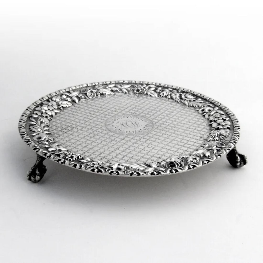 *Repousse* Footed Teapot Stand *Salver*Kirk* Son Sterling Silver 1870s Mono ACW (1 of 3)