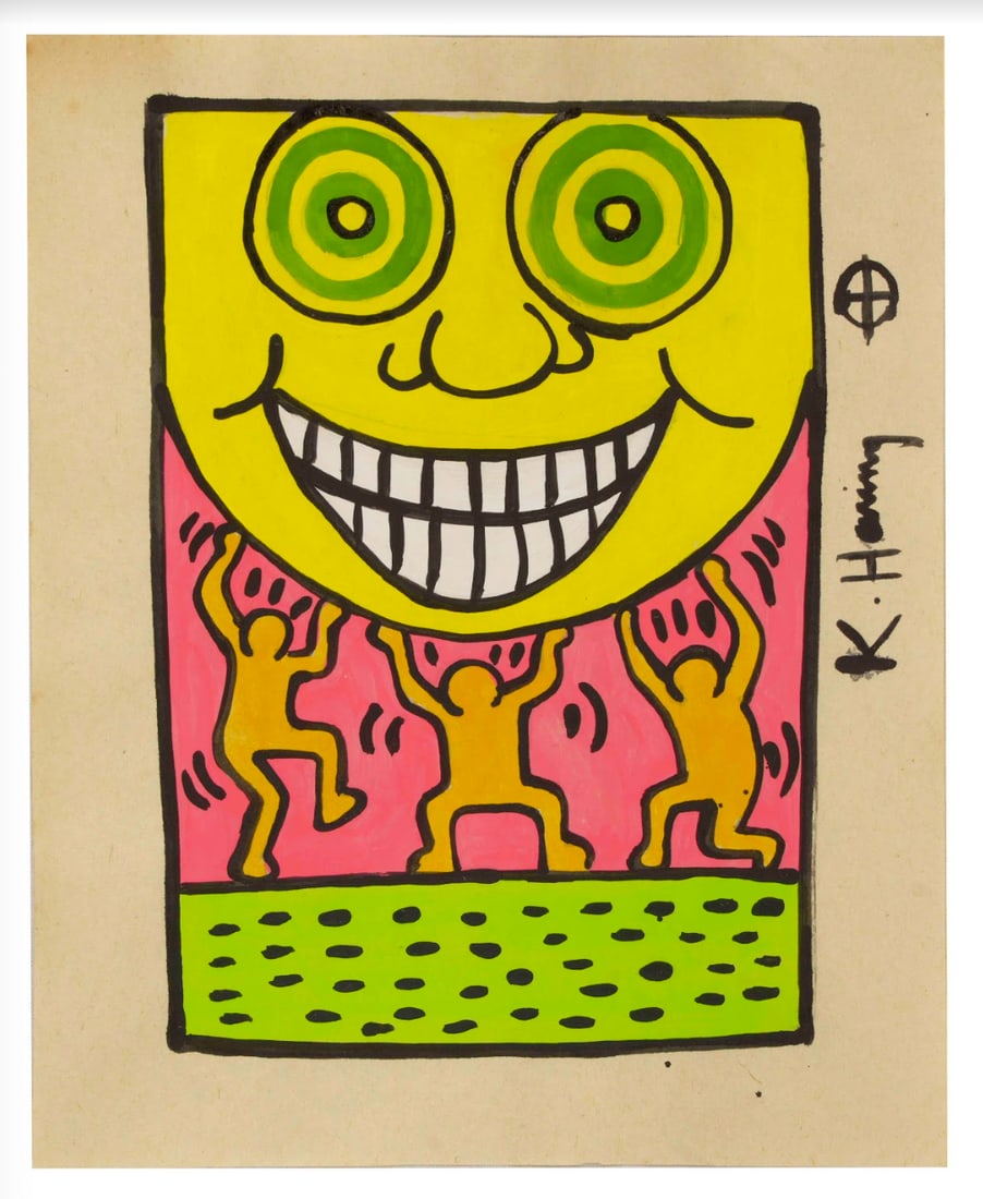 RARE Keith Haring Authentic Drawing on Vintage Paper SIGNED and Stamped by Haring Estate: RARE Keith Haring Authentic Drawing on Vintage Paper SIGNED and Stamped by Haring Estate