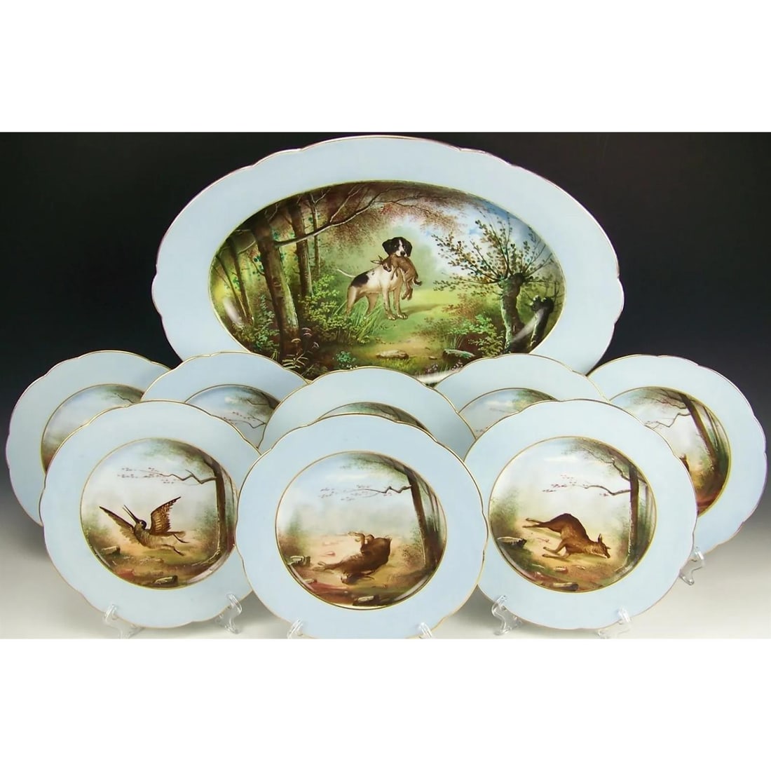 9 PIECES OLD PARIS PINK*HANDPAINTED* *HUNTING* DOD GAMES PLATES + PLATTER SET (1 of 12)