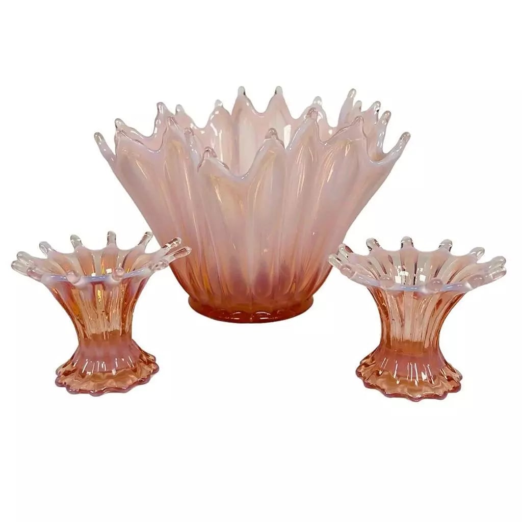 Fostoria Heirloom Pink Opalescent Stretch Glass Crimped Bowl Candlestick Set 3pc (1 of 12)