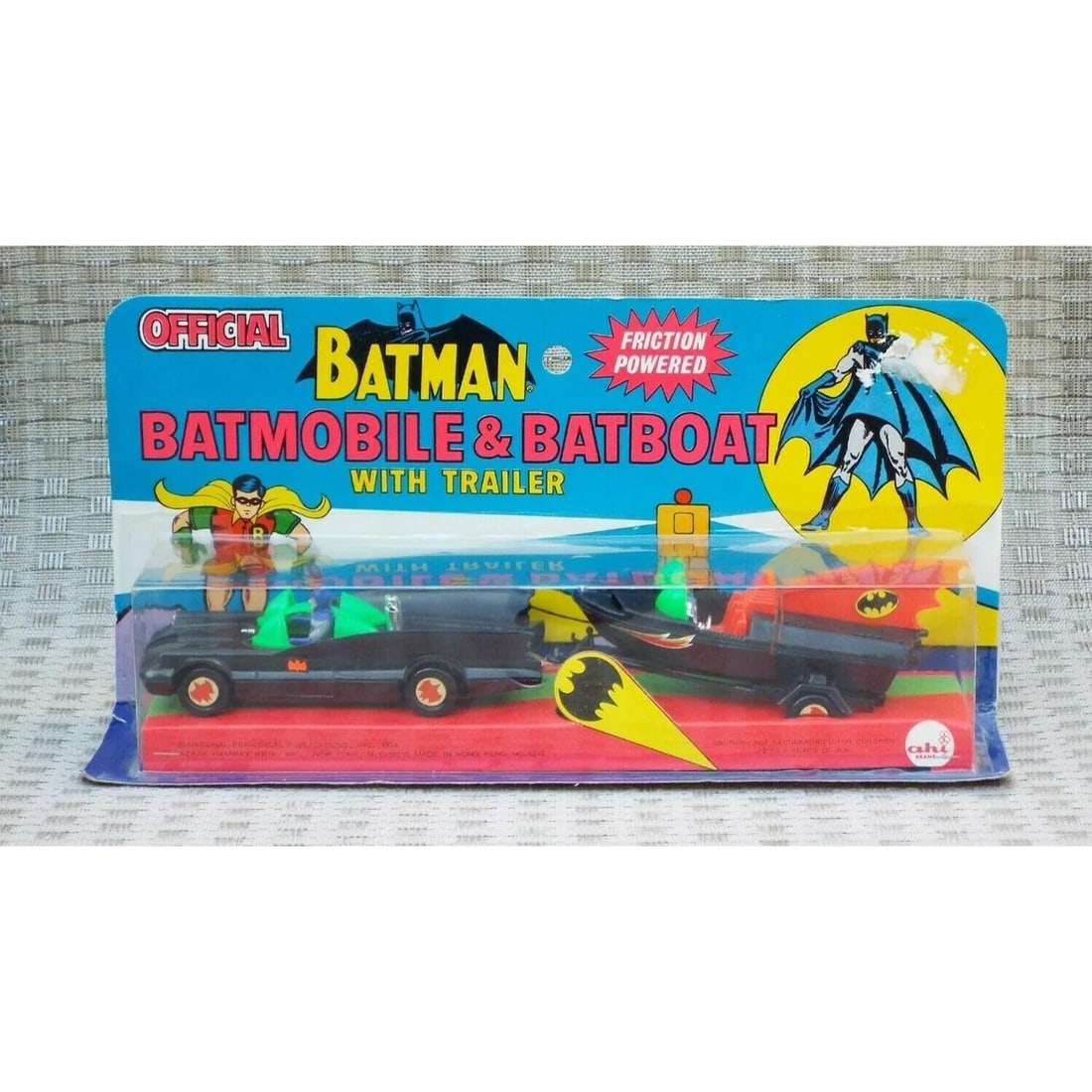 Official *Batman* *Batmobile*&*Batboat* with Trailer Friction Power by *AHI*NIP*1974*: Condition: New: A brand-new, unused, unopened, undamaged item (including handmade items)Extremely Rare Unused Highly Sought After Official Batman Batmobile & Batboat with Trailer Friction Power by AHI