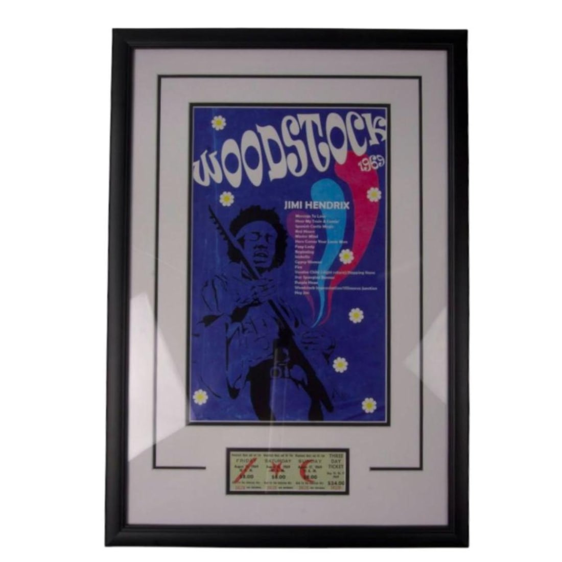 Woodstock 1969 11x17 Framed Alternate Poster Photo w/ Original Ticket: Woodstock 1969 11x17 Framed Alternate Poster Photo w/ Original Ticket