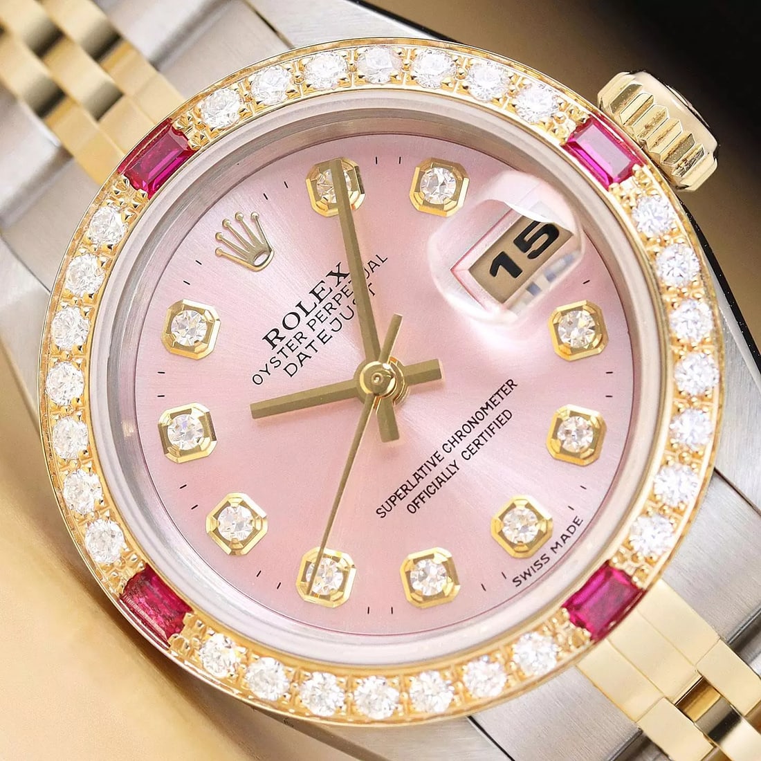 ROLEX LADIES DATEJUST 79173 PINK DIAL 18K GOLD STEEL TWO TONE DIAMOND RUBY WATCH (1 of 9)