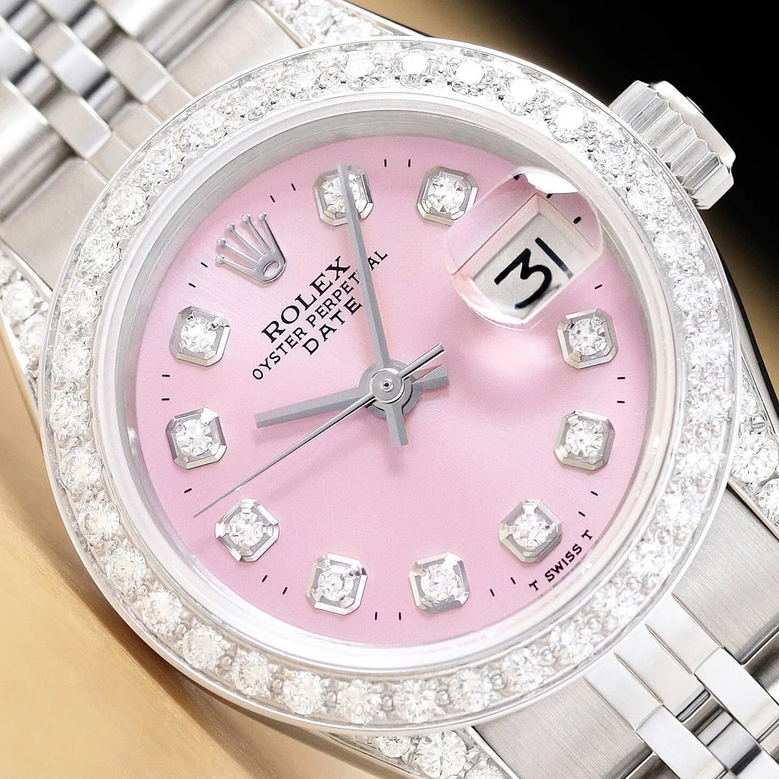 ROLEX LADIES DATE PINK DIAMOND DIAL, BEZEL & LUGS 18K WHITE GOLD STEEL WATCH (1 of 9)