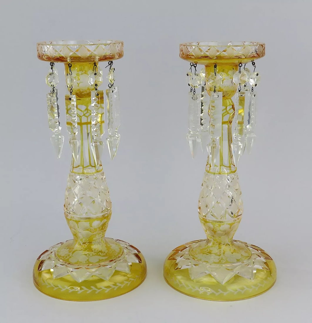 Wonderful Pair 1800s Bohemian Amber Yellow Glass Mantle Lusters 11 1/4": Condition: Used: An item that has been used previously. The item may have some signs of cosmetic wear, but is fully operational and functions as intended. This item may be a floor model or store retur