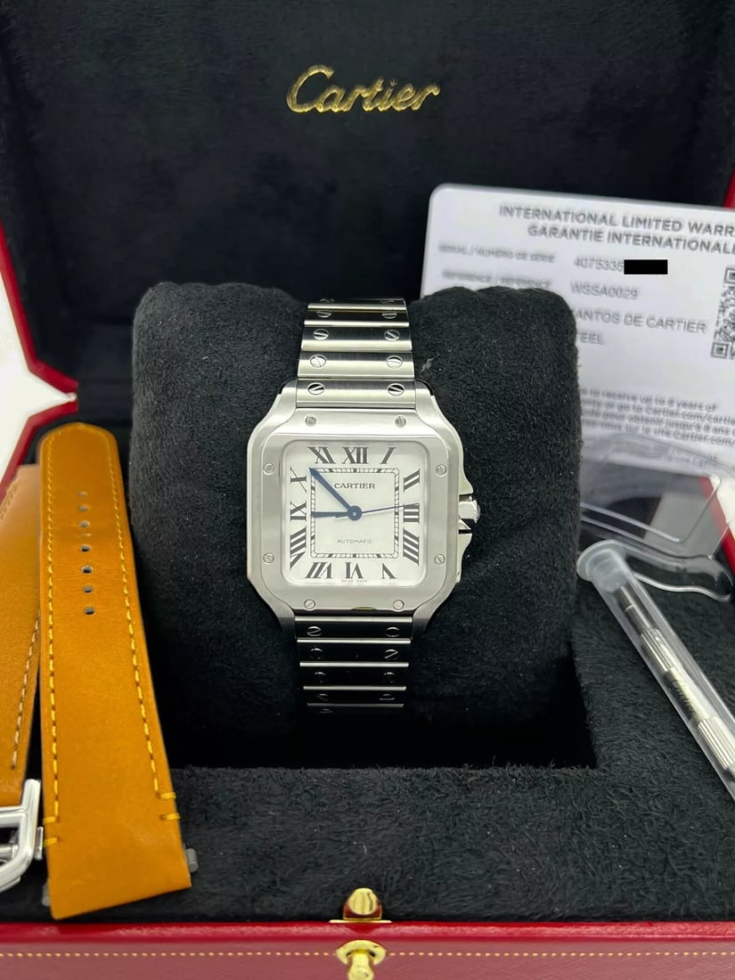 Cartier Santos WSSA0029 Ref 4075 Medium Stainless Steel Box Paper: Condition: Pre-owned,Movement: Mechanical (Automatic),Seller Warranty: Yes,With Papers: Yes,Reference Number: 4075, WSSA0029,Brand: Cartier,Department: Men,Type: Wristwatch,Customized: No,Band Materia