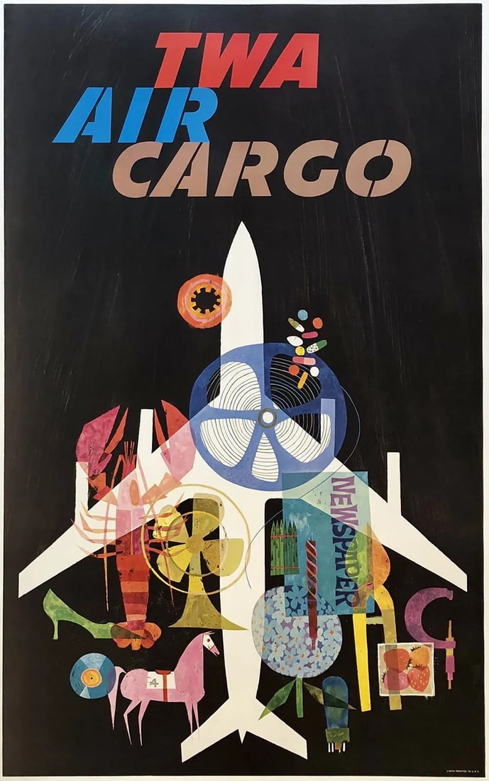 Original Vintage Poster TWA AIR CARGO Airline Jet Travel KLEIN 1960s LINEN MCM: Condition: Used,Modified Item: No,Country/Region of Manufacture: United States,Type: Poster,Airline: TWA