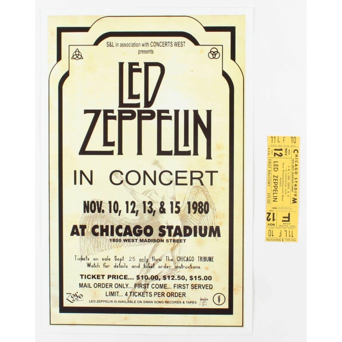 Set of (2) Led Zeppelin Concert Items with (1) Concert Ticket & (1) 11x17 Concert Poster Print: Set of (2) Led Zeppelin Concert Items with (1) Concert Ticket & (1) 11x17 Concert Poster Print (Chicago Stadium Corporation LOA)