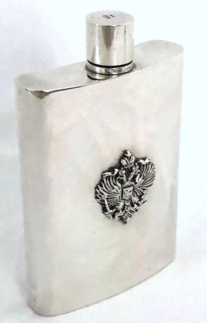 Faberge Sterling Silver 925 Flask with Romanov Eagle Crest: Brand: Fabrege,Composition: Sterling Silver (.925)