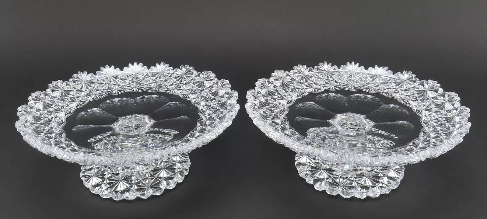 Fab Pair American Brilliant Cut Glass Low Tazzas Compotes Pedestal