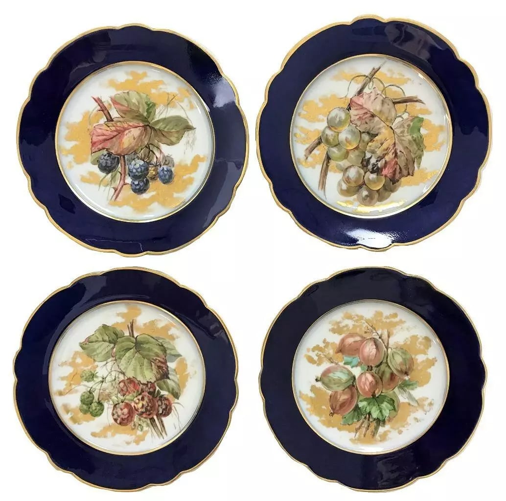 Set 4 Antique 19thC Limoges French Cobalt Gilded Painted Fruit Porcelain Plates: Condition: Used,Material: Porcelain,Culture: French,Brand: Limoges,Antique: Yes,Color: Blue,Type: Collector Plate