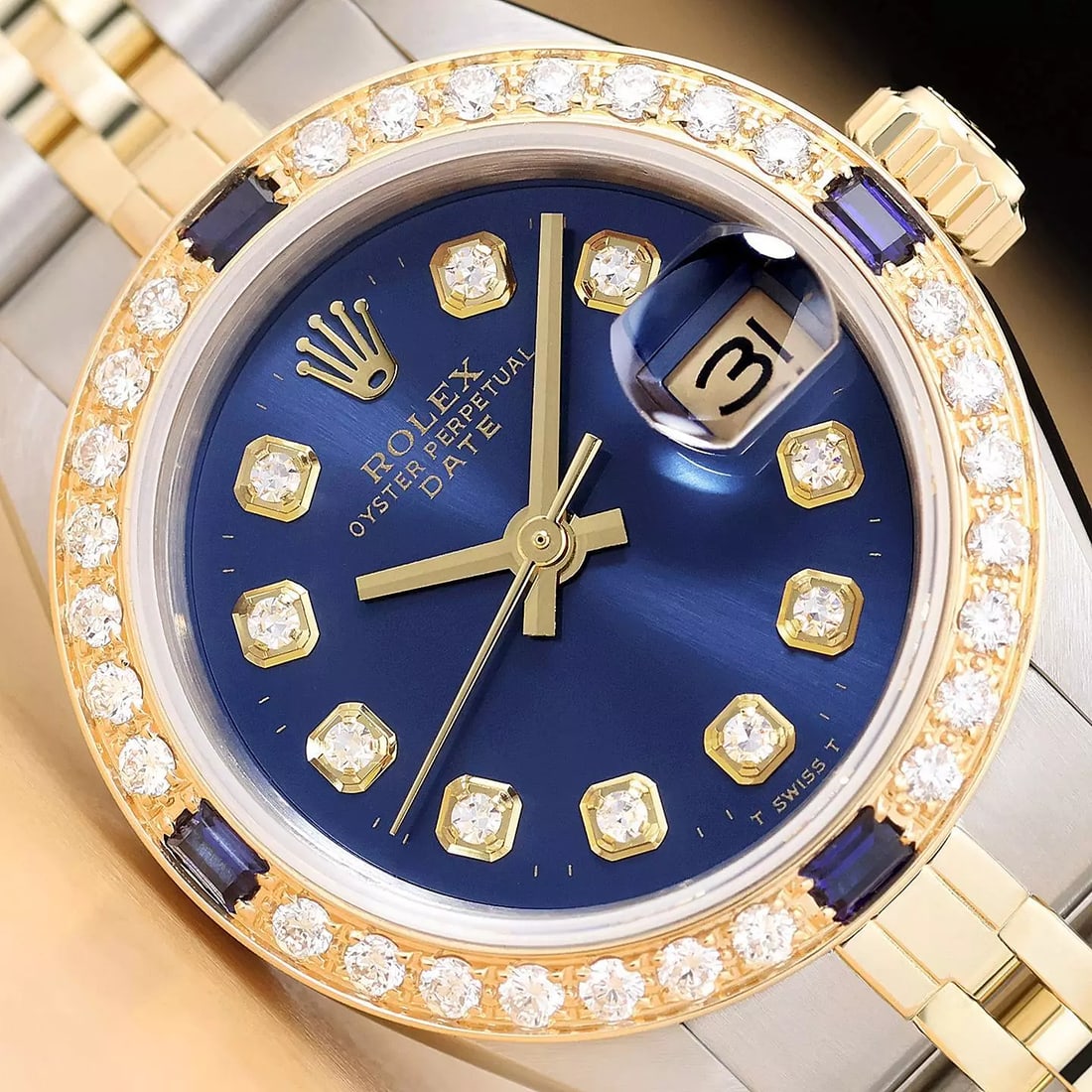ROLEX LADIES DATE BLUE DIAL DIAMOND SAPPHIRE 14K GOLD STEEL TWO TONE WATCH (1 of 8)