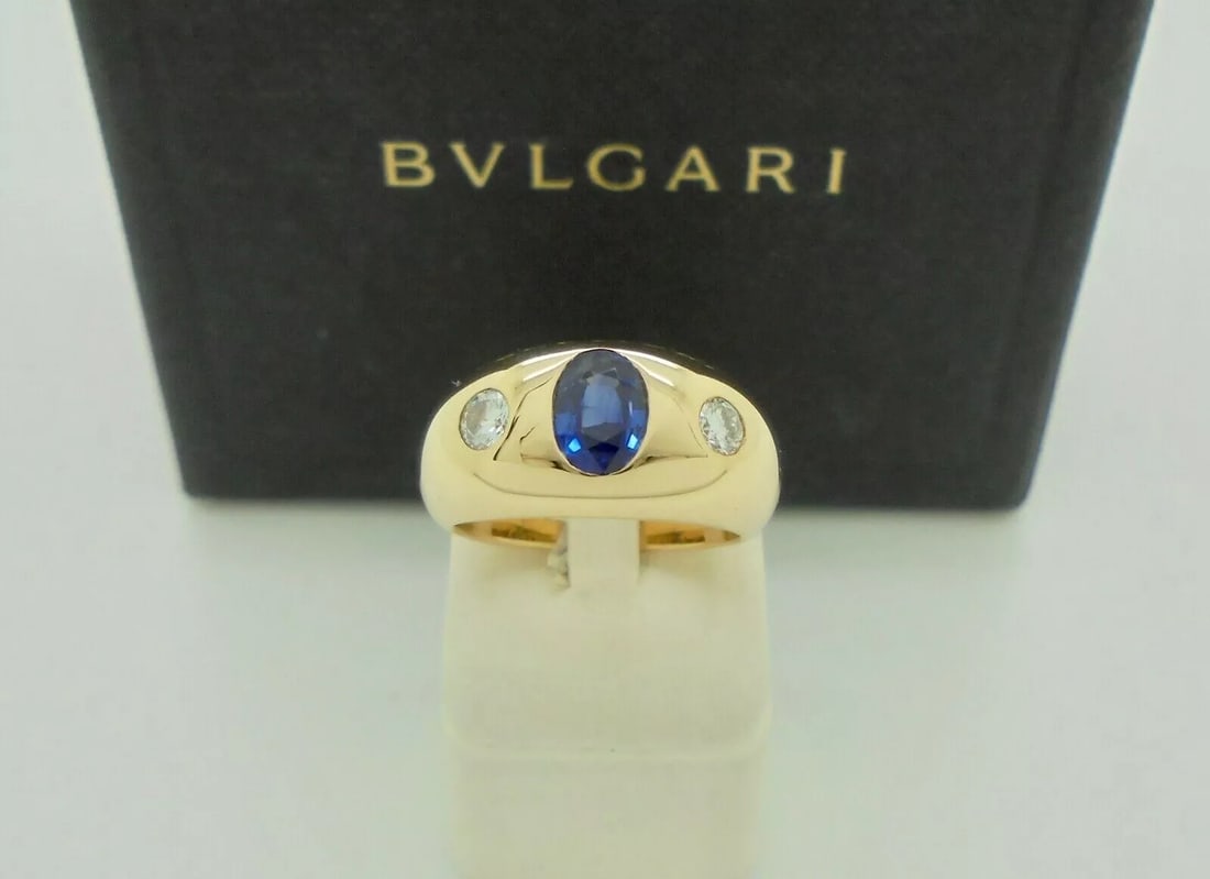 BVLGARI ITALY 18k Yellow Gold, Sapphire & Diamond Three Stone Ring Vintage w/Box (1 of 10)