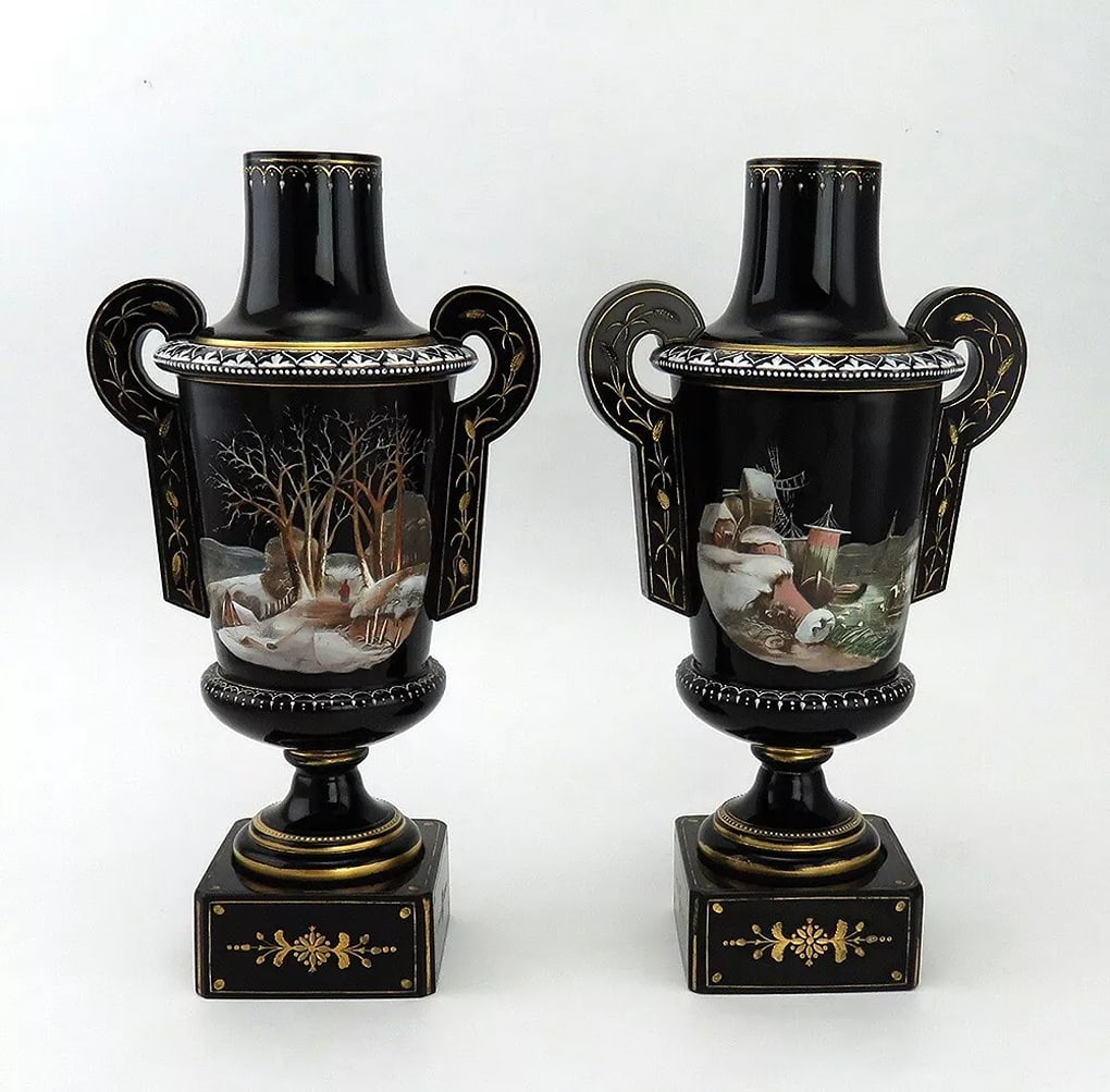 Pair of Pristine Victorian Dutch Black Glass Enameled Winter Scene Vases (1 of 9)