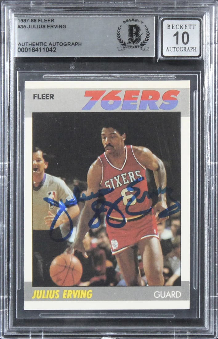 76ers Julius "Dr. J." Erving Signed 1987 Fleer #35 Card Auto 10! BAS Slabbed (1 of 2)