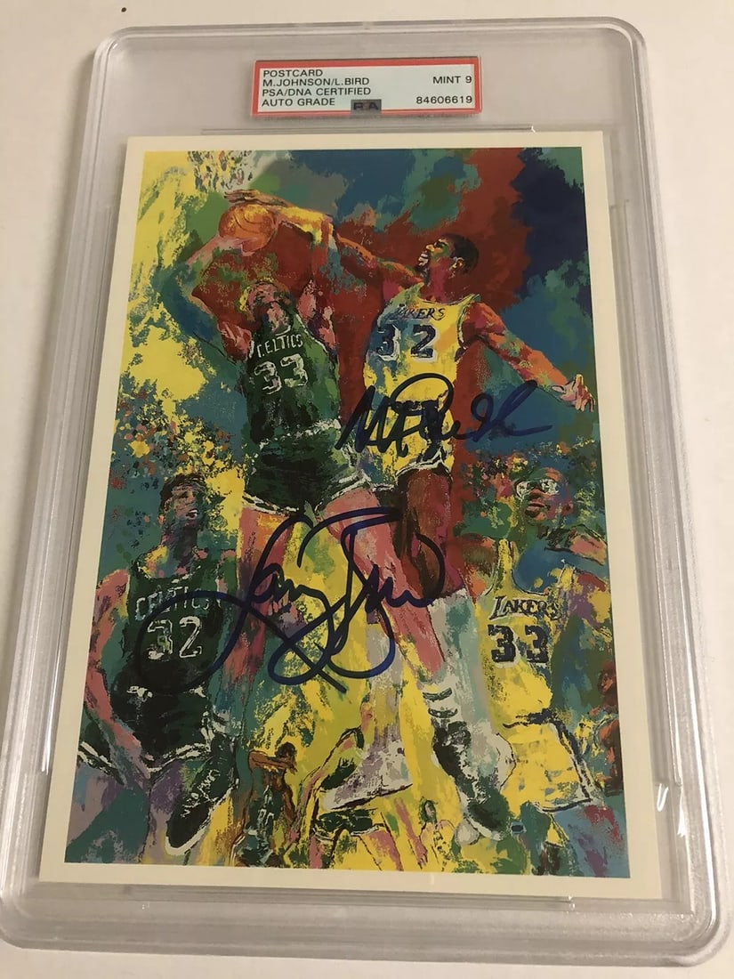 Magic Johnson Signed LeRoy Neiman Postcard Larry Bird Lakers HOF PSA/DNA MINT 9 (1 of 5)