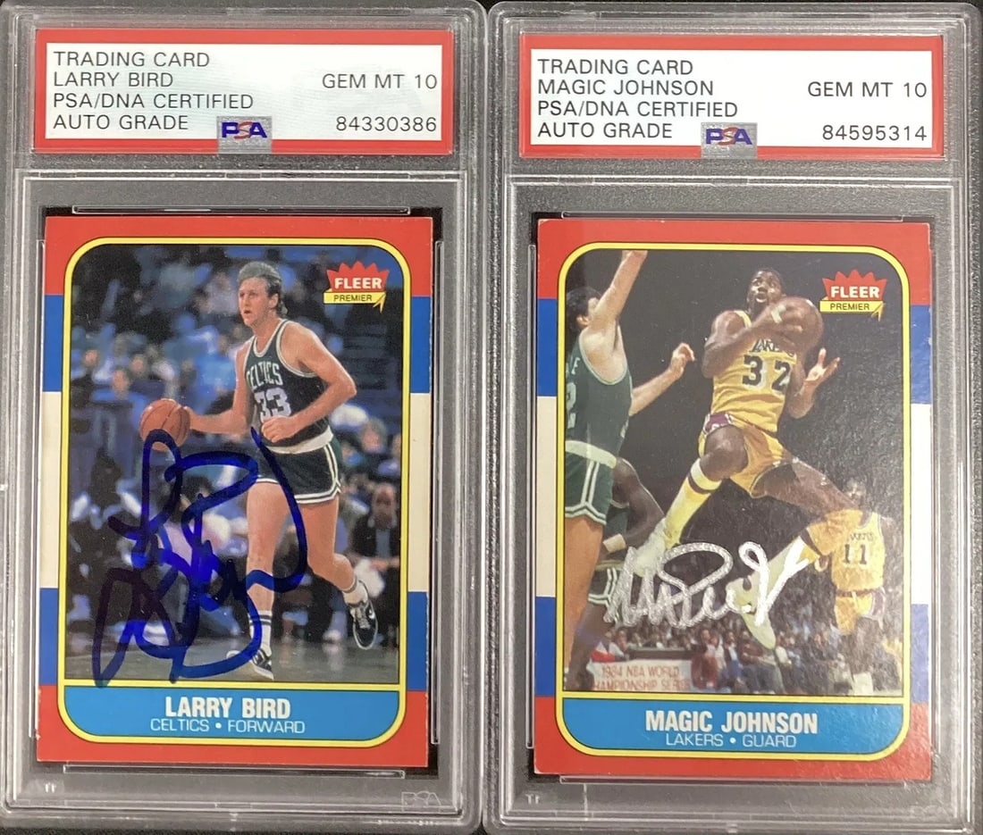 Magic Johnson + Larry Bird Signed 1986 Fleer Basketball Card PSA/DNA Auto 10 (1 of 4)