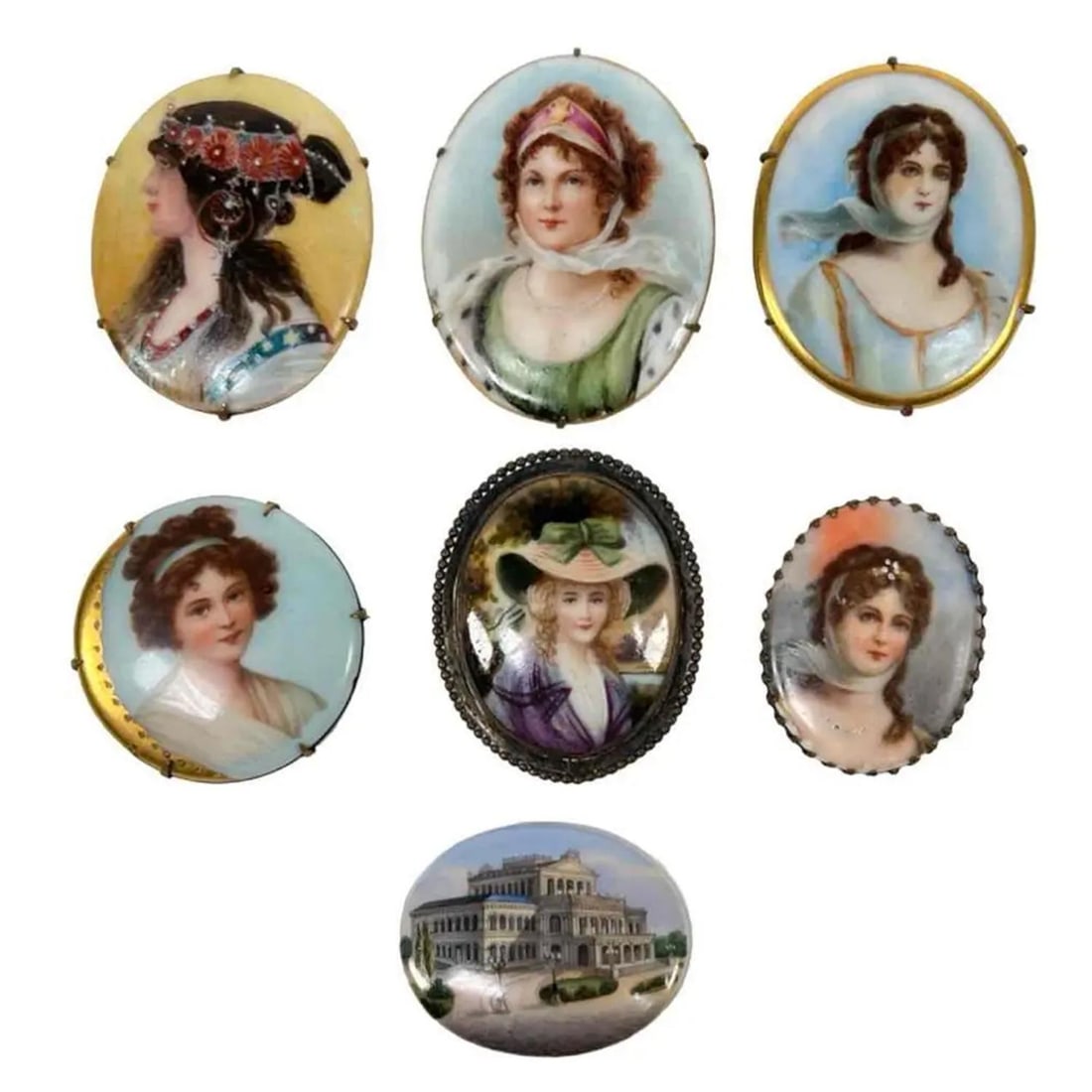 Lot 7 French Victorian Miniature Porcelain Plaque Painting Portraits Brooch Pin (1 of 12)