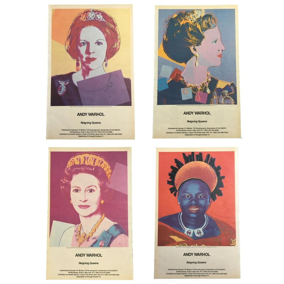 Andy Warhol Reigning Queens: Set of 4 Original 1985 Gallery Advertisment Posters: Artist: Andy WarholUnit of Sale: SetOriginalCharacter: Reigning QueensSize: Medium (up to 36in.)Date of Creation: 1980sCertificate of Authenticity (COA): YesYear of Production: 1985Width (Inches): 11H