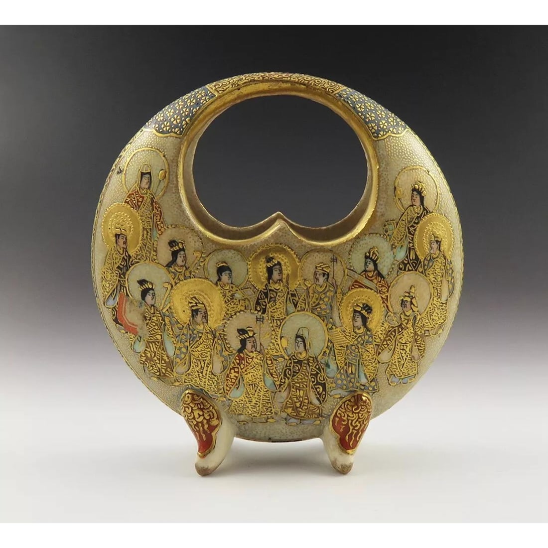 Antique Meiji Japanese Satsuma Pottery Bud Moon Basket Vase 1000 Faces 3 1/4" (1 of 5)