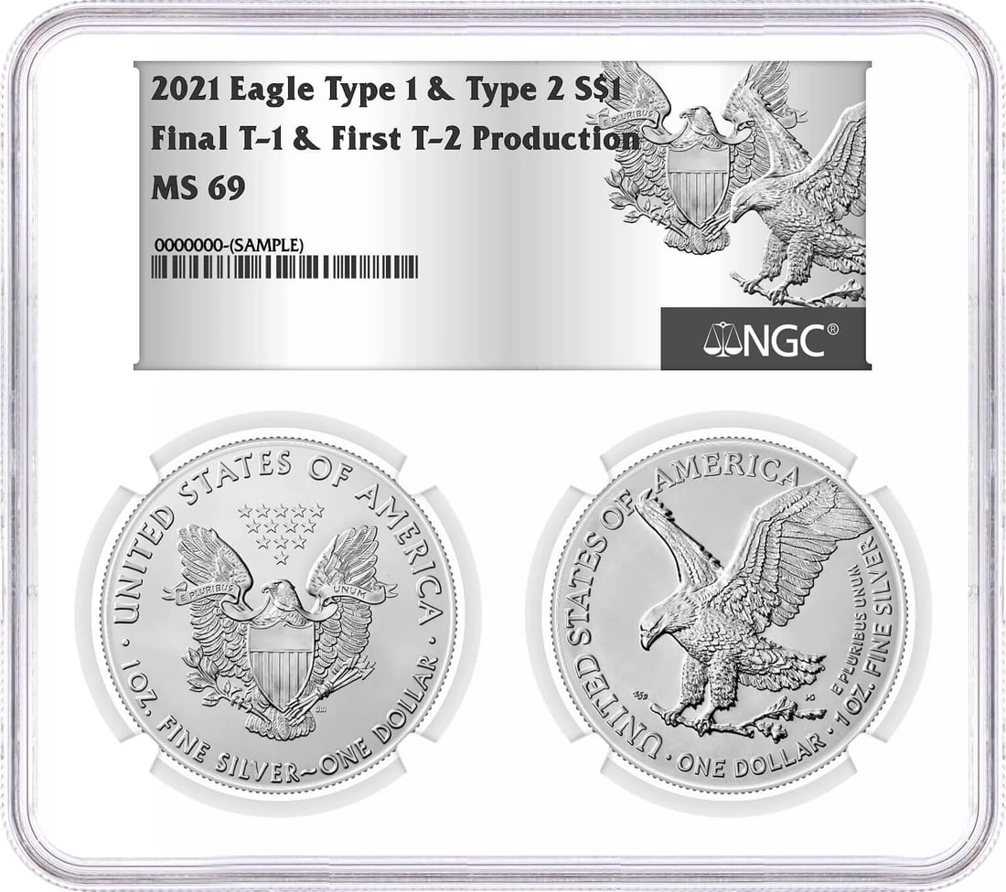 2021 $1 Silver Eagle 2 Coin Set Final Type 1 & First Type 2 NGC MS69 Multiholder (1 of 2)