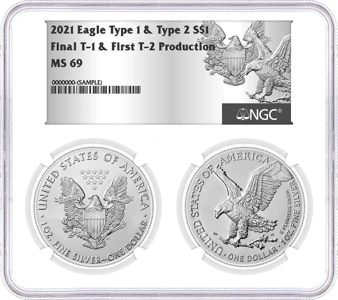 2021 $1 Silver Eagle 2 Coin Set Final Type 1 & First Type 2 Ngc Ms69 ...