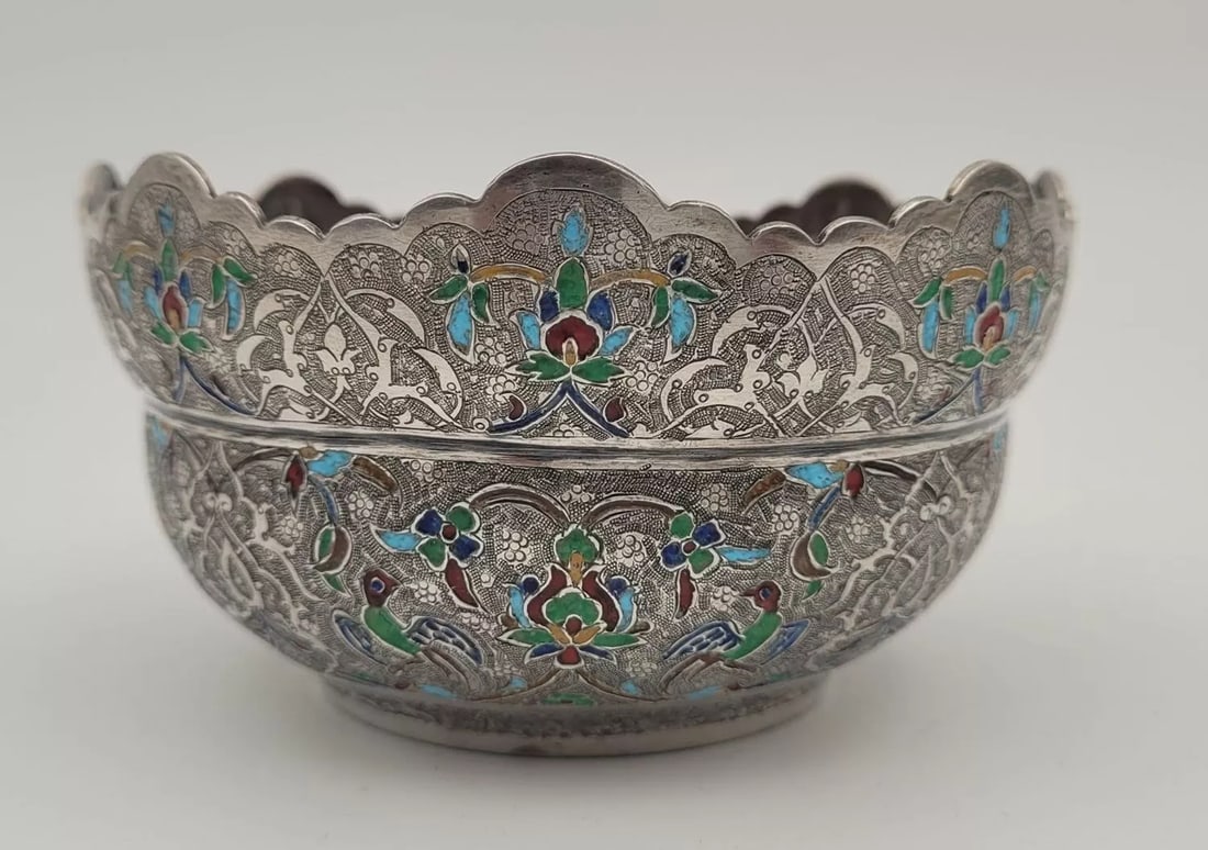 Rare Antique Islamic Persian Silver Enamel Engraved Bowl Birds Signed (1 of 7)