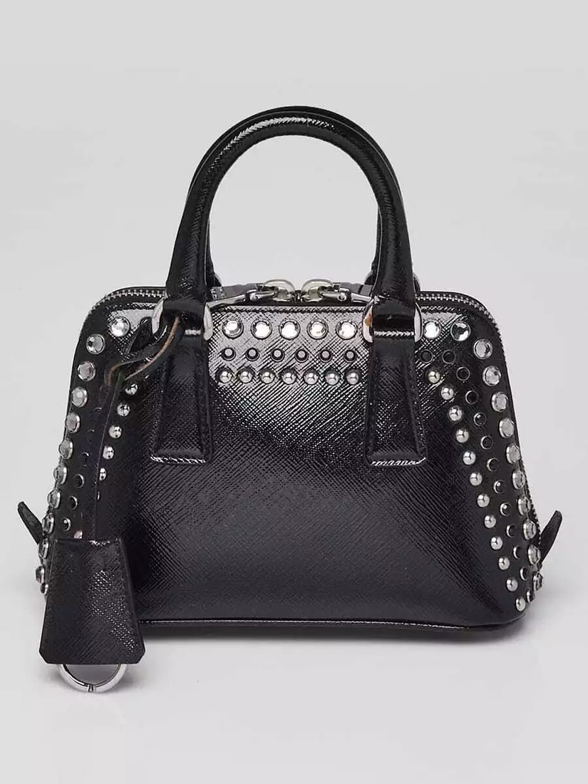 Prada Black Saffiano Vernice Crystal Studded Mini Frame Top Handle Bag (1 of 12)