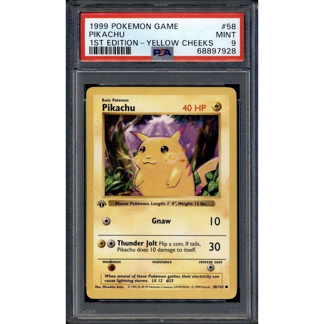 1999 Pokemon Base Pikachu 1st Edition Shadowless 58/102 PSA 9 Mint (1 of 1)
