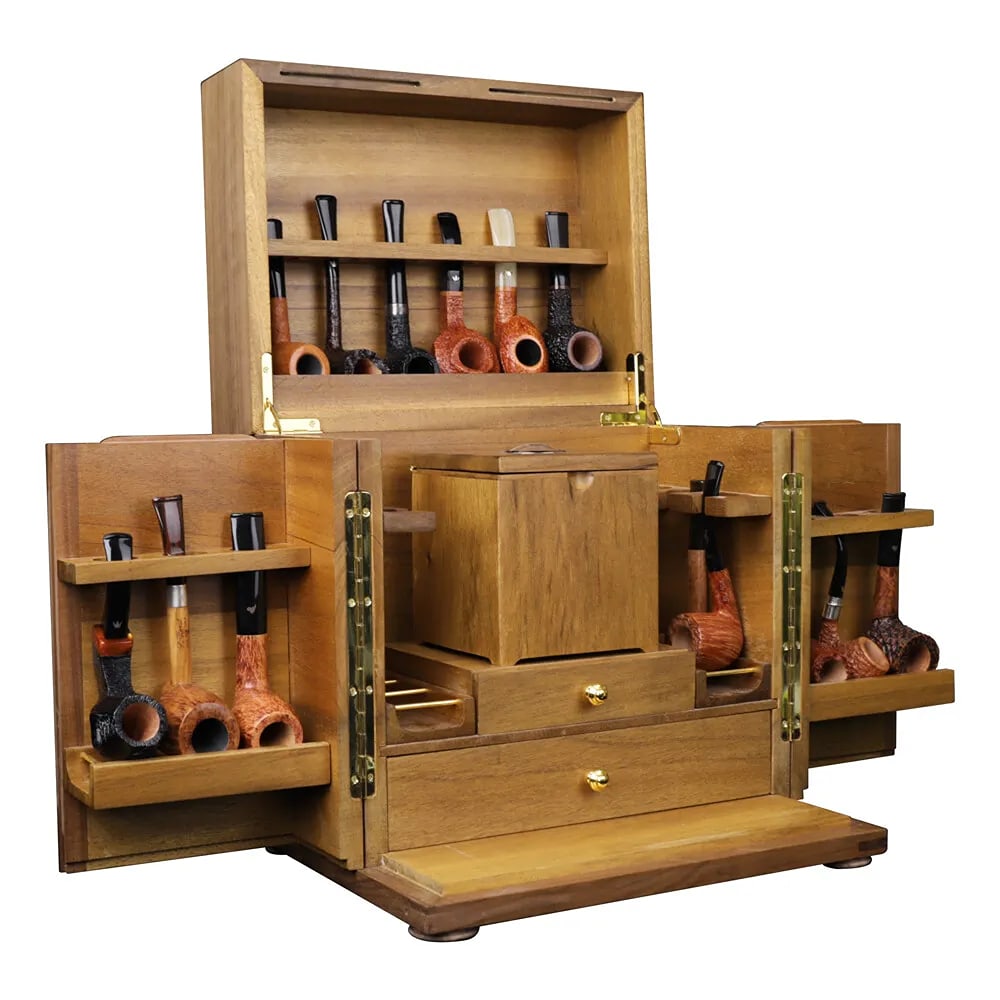 Smoking Pipe Cabinet for 18 Tobacco Pipes Display Rack Wooden Box with Humidor (1 of 9)
