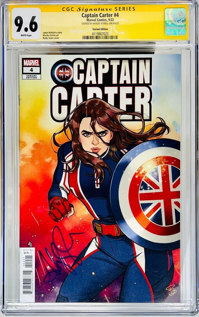 CGC Signature Series Graded 9.6 Captain Carter #4 Variant Signed Hayley Atwell: Condition: Like New,Unit of Sale: Single Unit,Autograph Format: Hard Signed,Signed By: Hayley Atwell,Tradition: US Comics,Vintage: No,Format: Single Issue,Language: English,Autograph Authentication: C