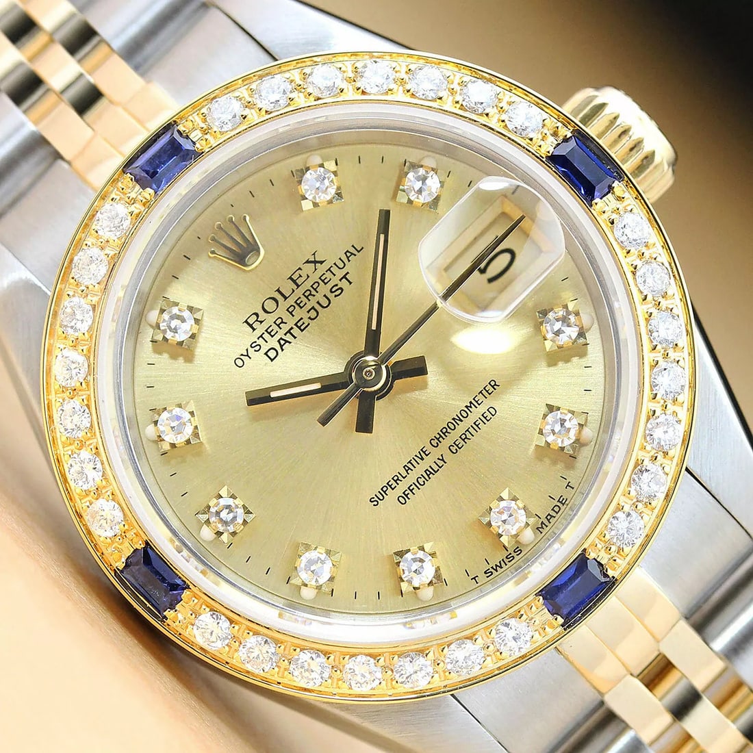 LADIES ROLEX DATEJUST FACTORY DIAMOND DIAL 18K GOLD SAPPHIRE BEZEL & STEEL WATCH (1 of 7)