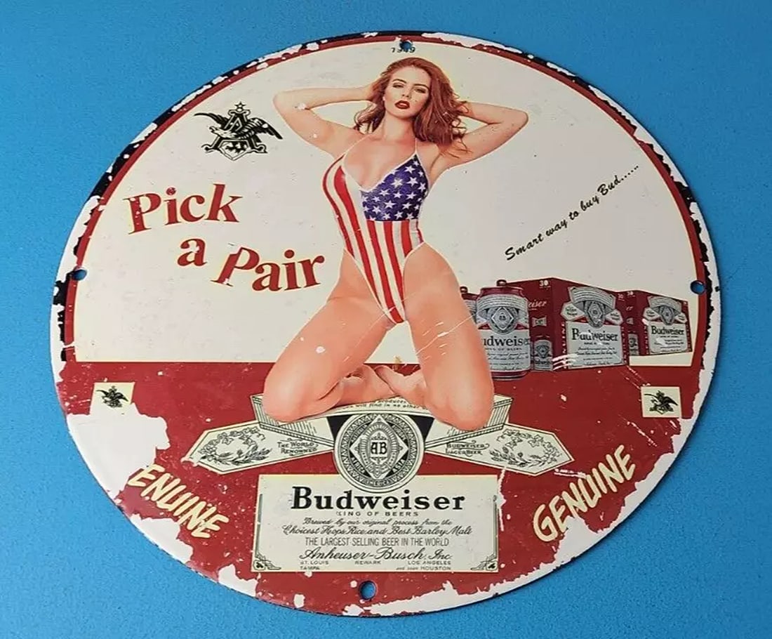 Vintage Budweiser Beer Sign - Adult Beverage Anheuser Porcelain Gas Pump Sign (1 of 15)
