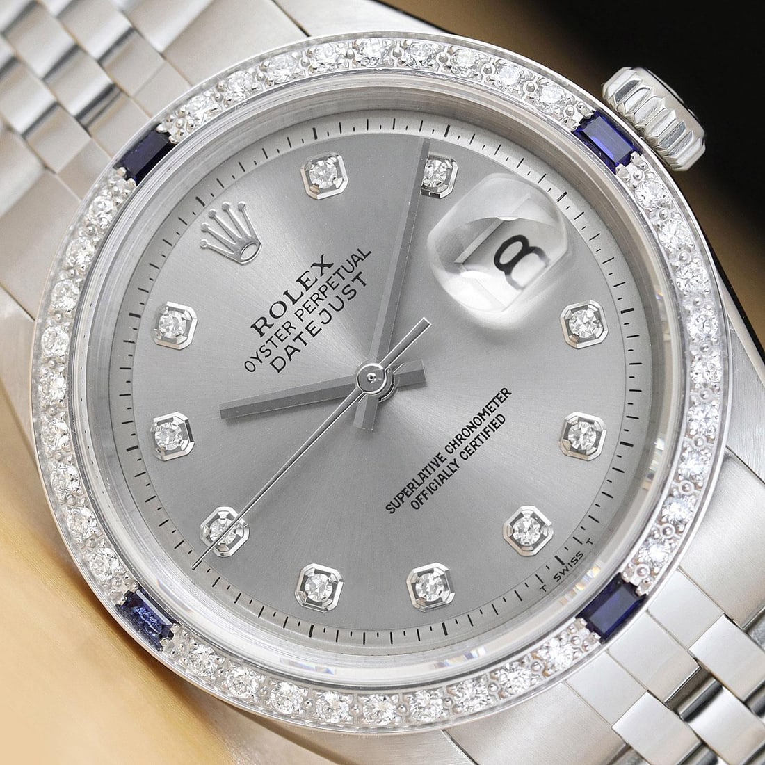 ROLEX MENS DATEJUST GRAY DIAL 18K GOLD SS DIAMOND SAPPHIRE WATCH w/ FOLDED BAND: ROLEX MENS DATEJUST GRAY DIAL 18K GOLD SS DIAMOND SAPPHIRE WATCH w/ FOLDED BAND