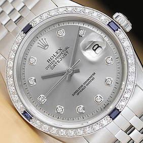 ROLEX MENS DATEJUST GRAY DIAL 18K GOLD SS DIAMOND SAPPHIRE WATCH w/ FOLDED BAND (1 of 1)