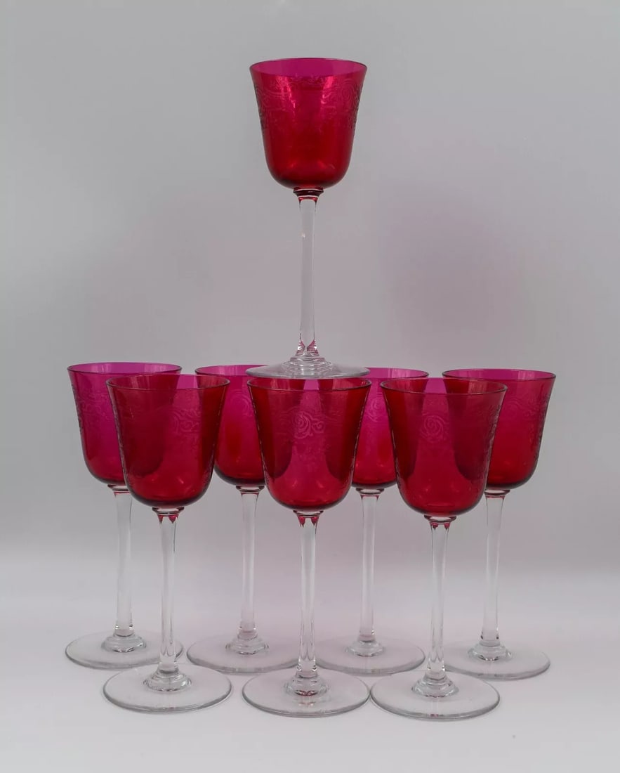 Set of 8 Baccarat Medici Pattern Red Hock Wines, Circa 1920: Condition: Used,Brand: Baccarat,Type: Wine Glass,Color: Red,Features: Engraved,Year Manufactured: 1920