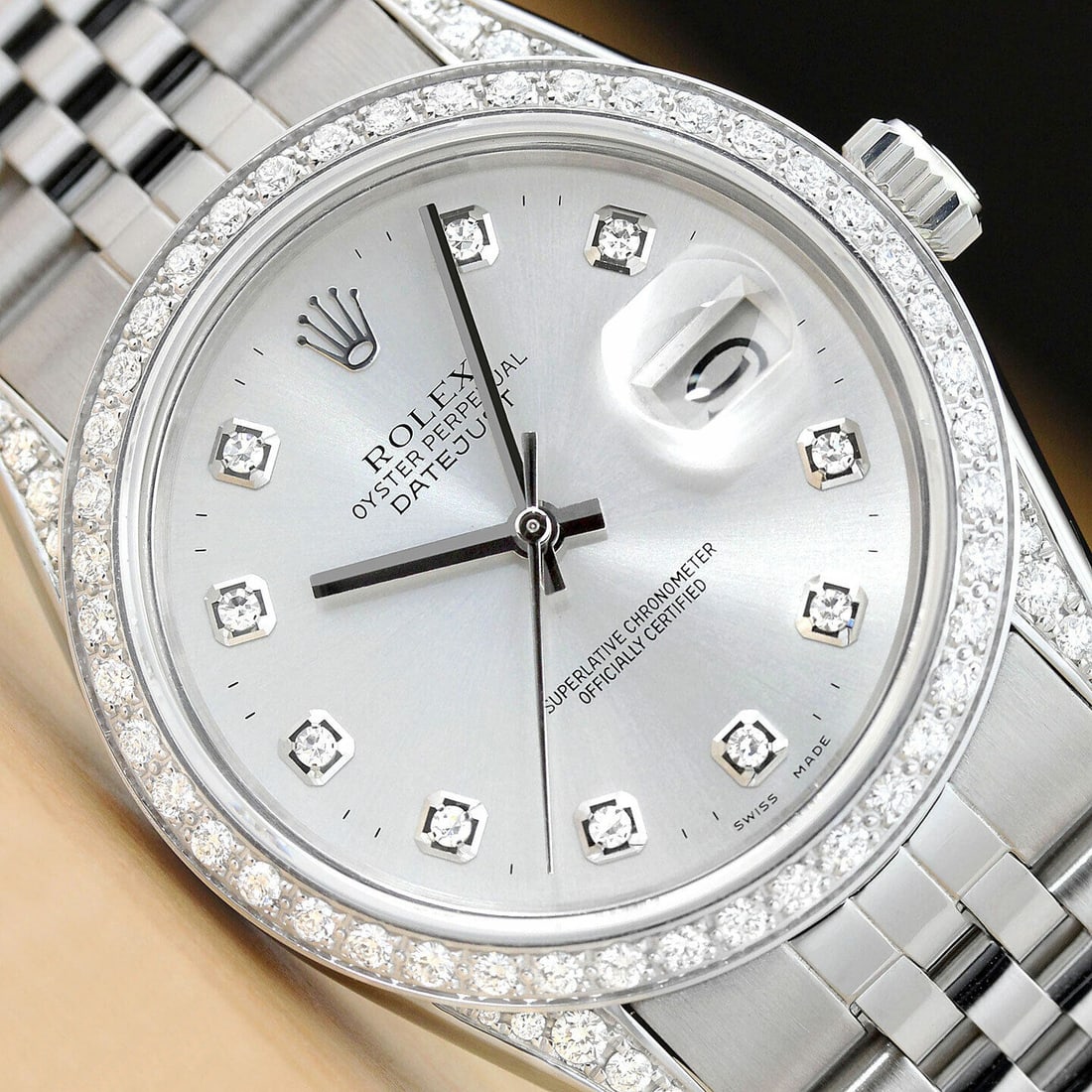 MENS ROLEX DATEJUST DIAMOND BEZEL, DIAL, & LUGS 18K WHITE GOLD/STEEL WATCH (1 of 3)