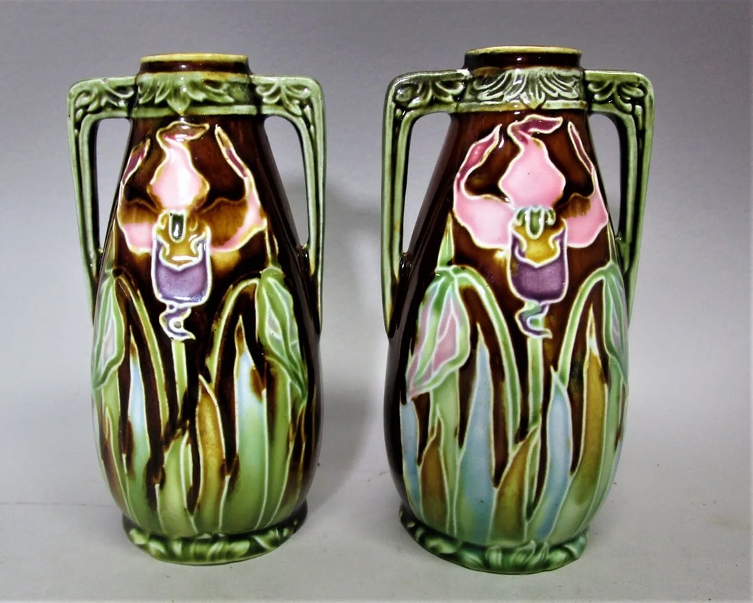 Pair of FRIE ONNAING FRENCH Art Nouveau Majolica Vases c. 1900 antique porcelain (1 of 7)
