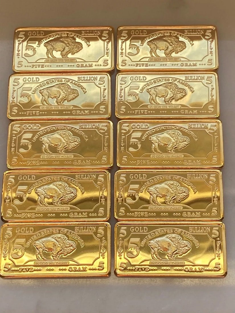 Lot of 10 - 5 GRAM 100 MILLLS GOLD BUFFALO BULLION BARS .999 FINE (1 of 6)