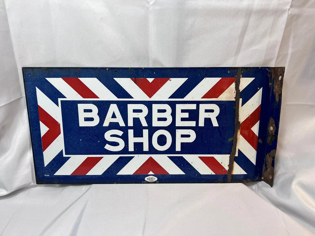 Original Barber Shop Sign Vtg Double Sided Porcelain Flange Red White & Blue (1 of 20)