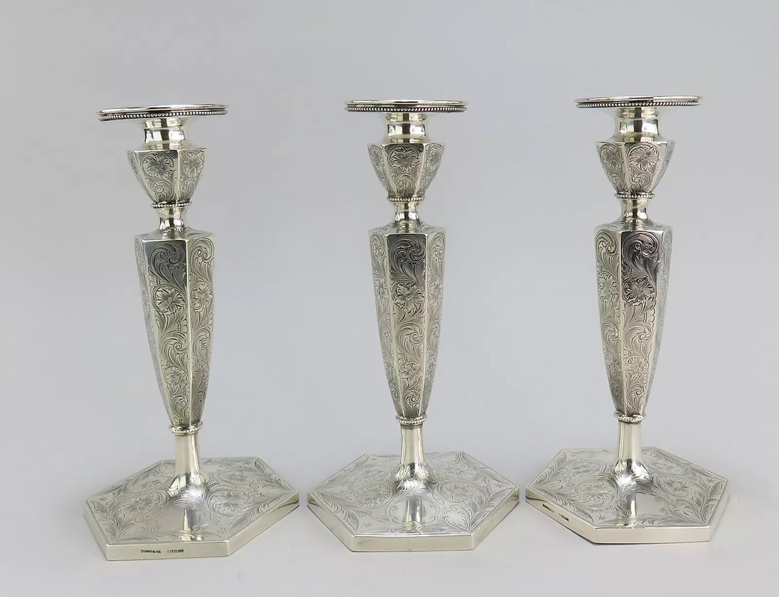 Lovely Set 3 c1890 Sterling Silver Hexagonal Hand Engraved Candlesticks: Brand: Duhme & Co,Age: 1850-1899,Composition: Sterling Silver (.925),Maker: Duhme & Co