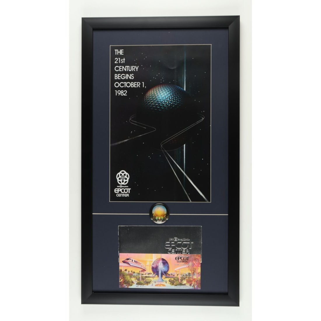 Walt Disney World "Epcot Center" 17x31 Custom Framed Print Display with Vintage Opening Day Ticket,: Walt Disney World "Epcot Center" 17x31 Custom Framed Print Display with Vintage Opening Day Ticket, Envelope & Employee Pin