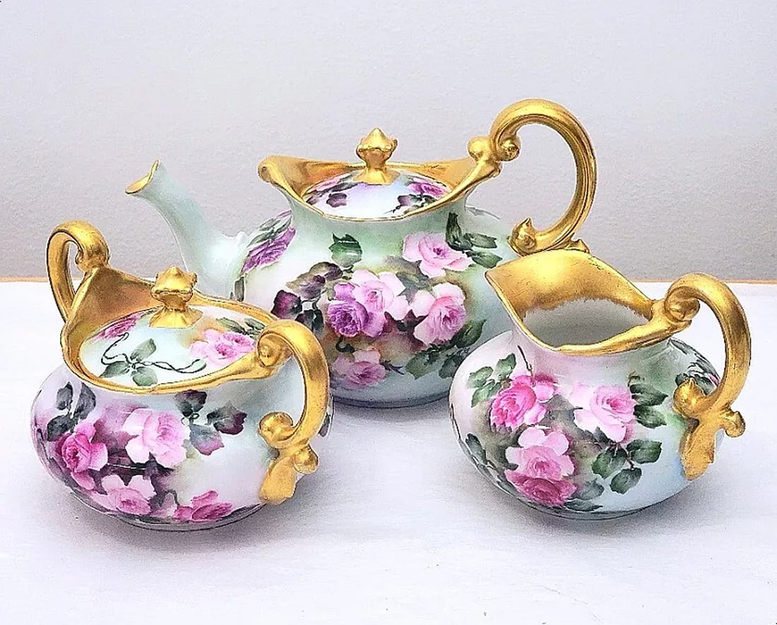 T & V Limoges Antique Hand Painted Pink Rose Teapot Creamer Sugaer Bowl Set: Condition: Used: An item that has been used previously. The item may have some signs of cosmetic wear, but is fully operational and functions as intended. This item may be a floor model or store retur