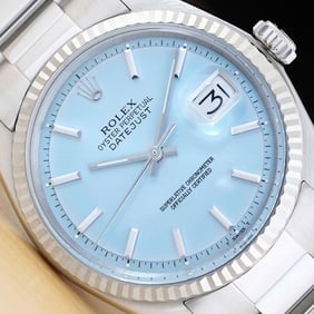ROLEX MENS DATEJUST ICE BLUE DIAL 18K WHITE GOLD STEEL WATCH w/ OYSTER BAND (1 of 2)