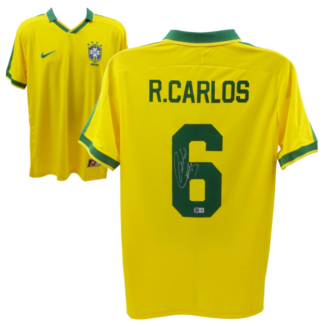 Roberto Carlos Signed Brazil National Home Soccer Jersey #6 - Beckett COA: Roberto Carlos Signed Brazil National Home Soccer Jersey #6 - Beckett COA