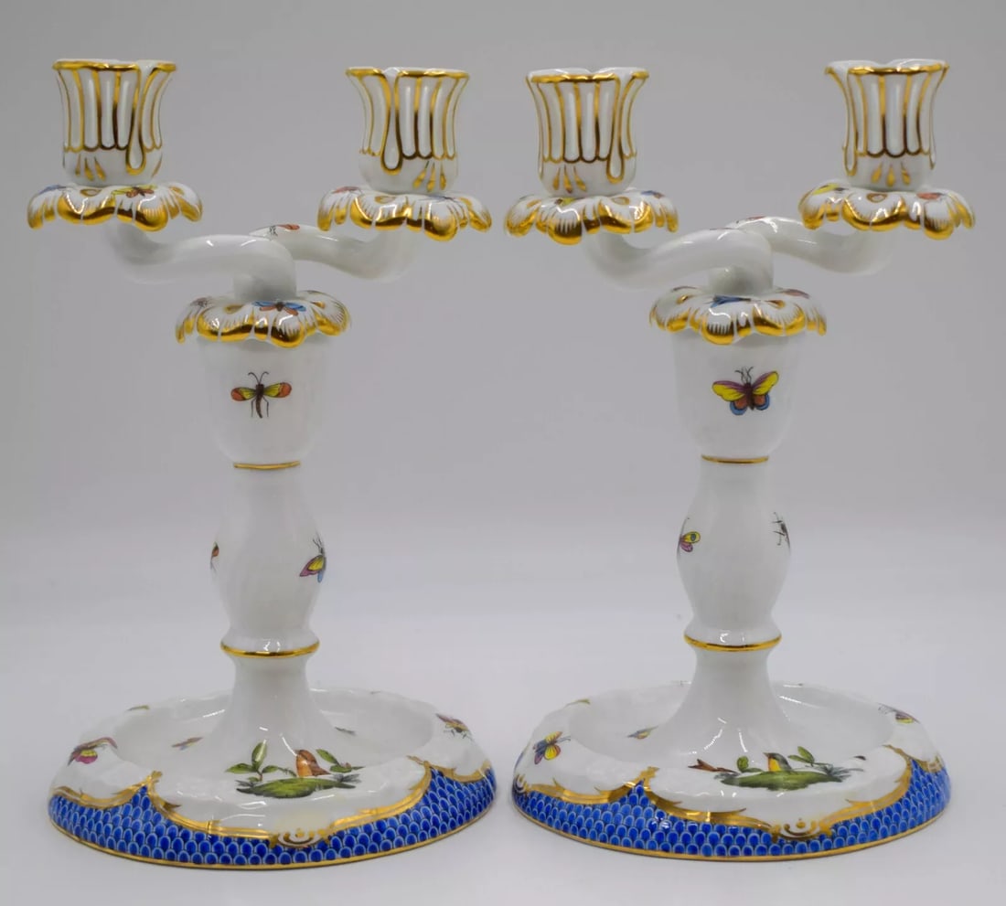 Pair of Blue Rothschild Bird 2 Part Double Candlesticks - Hand Painted (1 of 10)