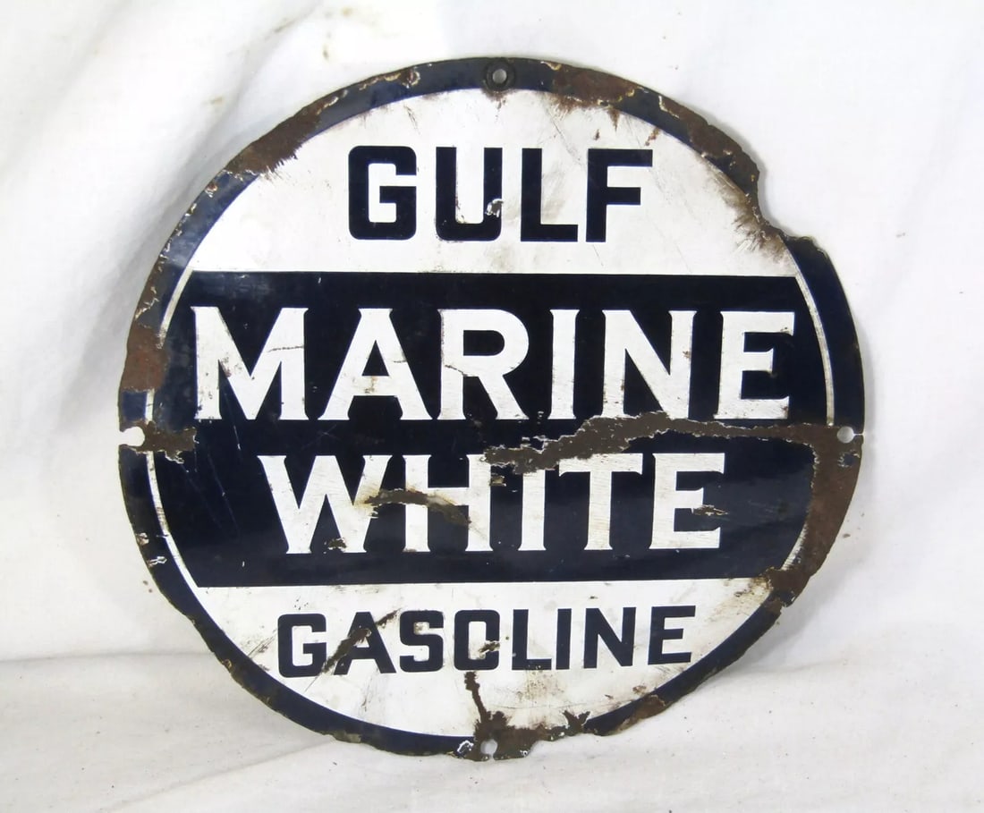 Vintage Rare Gulf Marine White Gasoline Pump Porcelain Enamel Sign (1 of 8)